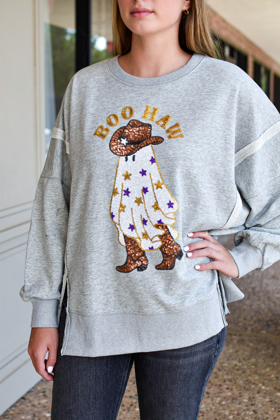 PEACH LOVE Boo Haw Sequin Ghost Sweatshirt in Heather Grey – Cayman's