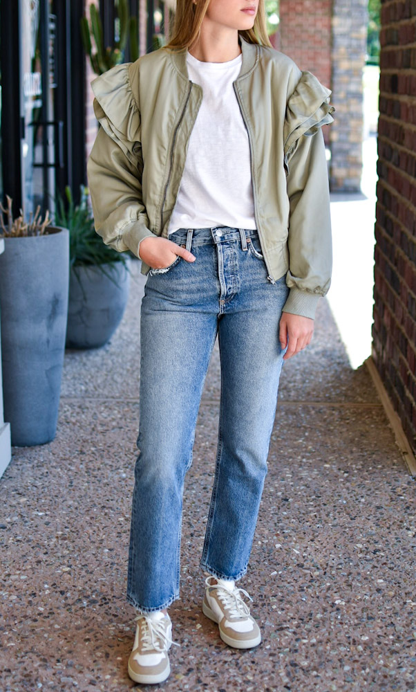 Ruffled Sleeve Bomber Jacket in Light Olive