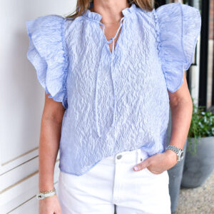 Textured Ruffle Sleeve Top in Blue