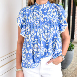 Pleated Flutter Sleeve Print Top in Blue