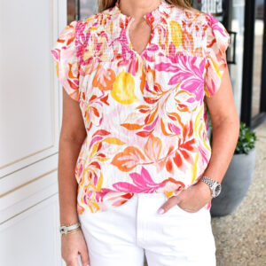 Smocked Flutter Sleeve Floral Top in White