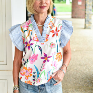 Flutter Sleeve Floral Print Top in Cream Multi