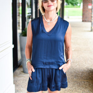 PERFECT WHITE TEE Celina Satin V-Neck Tank in Navy