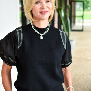 Poplin Puff Sleeve Knit Top in Black