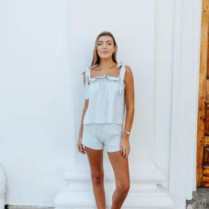 SHOP ELBY Bow Tie Pajama Set in Ocean Mist