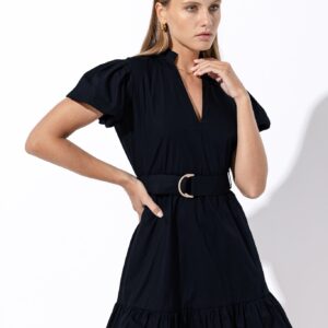 LUSANA Karina Belted Poplin Mini Dress in Midnight