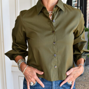 FINLEY Crop Emmy Solid Silky Poplin Shirt in Olive