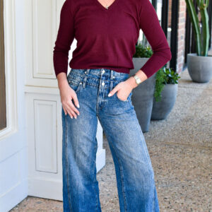 MINNIE ROSE Supima Cotton V-Neck Long Sleeve Tee in Bordeaux