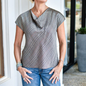 VINCE Pressed Plaid Cowl Neck Cap Sleeve Blouse in Multi