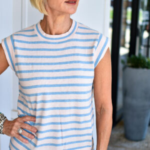 MINNIE ROSE Supima Cotton Cashmere Striped Cap Sleeve Crew in Lotus/Celestial