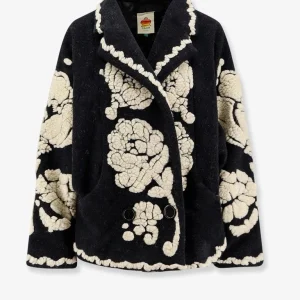 FARM RIO Floral Arabesque Fleece Coat in Black Cream