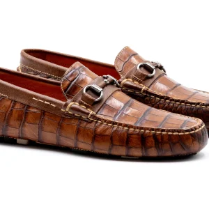 MARTIN DINGMAN Monte Carlo Alligator Grain Horse Bit Driving Loafers in Chestnut