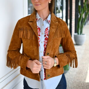 CENTRAL PARK WEST Atlas Genuine Suede Fringe Blazer in Camel