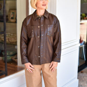 CENTRAL PARK WEST Jay Studded Faux Leather Shacket in Chocolate