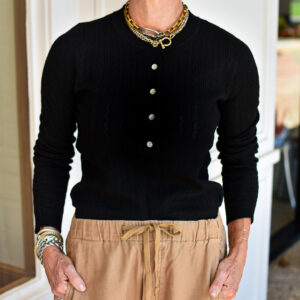 DESIGN HISTORY Long Sleeve Henley Sweater in Black