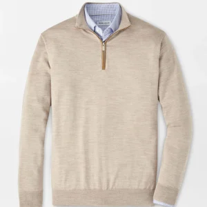 PETER MILLAR Autumn Crest Suede Trim Quarter-Zip in Light Elm