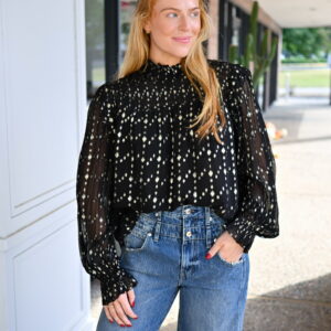 ELAN Long Sleeve Mock Tie Neck Top in Black Geo Print