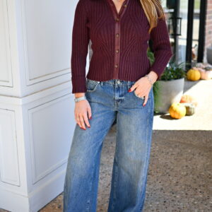 CENTRAL PARK WEST Milan Vegan Leather Collar Sweater in Burgundy Combo