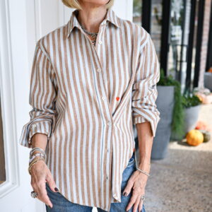 KERRI ROSENTHAL Jack Stripe Flannel Shirt in Steel Blue/Brown