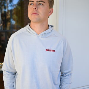 PETER MILLAR Pine Performance Hoodie with OKLAHOMA Logo in British Grey