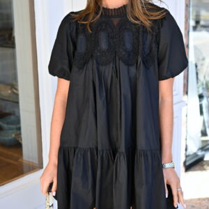 PORSHA Bubble Sleeve Crochet Lace Babydoll Dress in Black