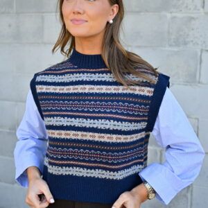 SEA Ciara Fair Isle Knit Combo Long Sleeve Top in Navy