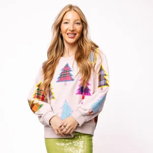 QUEEN OF SPARKLES Christmas Tree  Multi Plaid & Stripe Sweatshirt in Light Pink