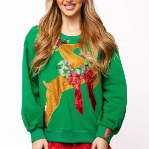 QUEEN OF SPARKLES Rudolph Wearing A Wreath Sweatshirt in Green Rhinestone