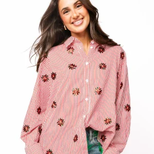 QUEEN OF SPARKLES Scattered Jeweled Poinsettia Button Up Top in Red & White