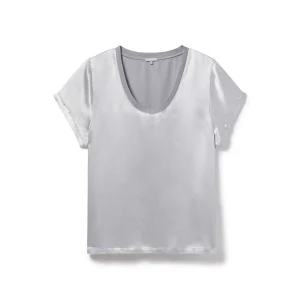 PJ HARLOW Gianna Satin V-Neck Tee in Dark Silver