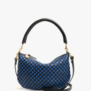 CLARE V. Petit Moyen Messenger Woven Checker in Black/Cobalt