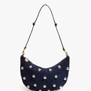 CLARE V. Lune Suede Bag with Studs in Navy