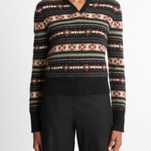 VINCE Fair Isle Polo Sweater in Cacao/Malachite Combo