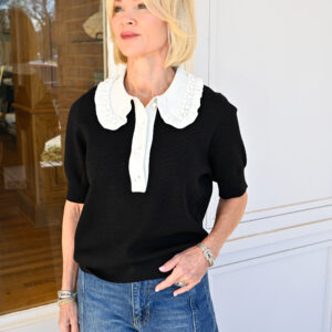 ESSENTIEL ANTWERP Jewelry Embroidered Knit Polo in Black