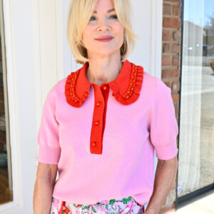 ESSENTIEL ANTWERP Jewelry Embroidered Knit Polo in Cotton Candy