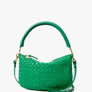 CLARE V Petite Moyen Leather & Suede Woven Checker Messenger in Grass