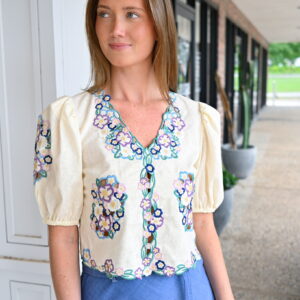 BERENICE Short-Sleeve V-Neck Top with Flower Embroidery in Multicolor