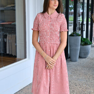 DESIGN HISTORY Smocked Gingham Dress in Red Combo