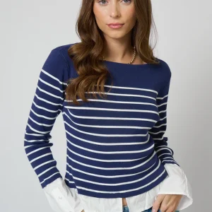 CENTRAL PARK WEST Kendall Nautical Stripe Boatneck Twofor in Navy Stripe