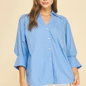 PINCH V-Neck Collar Wide Cuff Shirt in French Blue