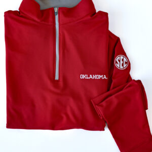 PETER MILLAR Perth 1/4 Zip with OKLAHOMA/SEC Logo in Crimson