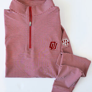 PETER MILLAR Perth Mini Stripe 1/4 Zip with OU Disco Logo/SEC in Crimson/White