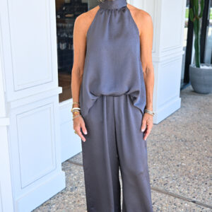 KLD Hammered Satin Halter Bubble Top and Pant Set in Charcoal