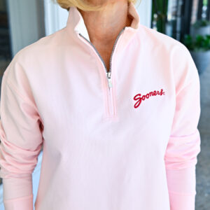 PETER MILLAR Coolspun Lite Cotton 1/4 Zip Pullover with SOONERS Logo in Pearl Pink/Soft White