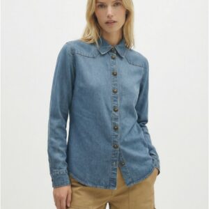 BERENICE Cabana Long-Sleeve Shirt with Flower Buttons in Blue Denim
