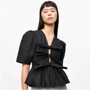 GANNI Washed Stretch Cotton Tie Strap Blouse in Black