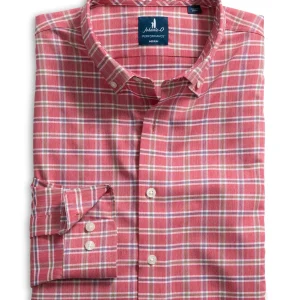 JOHNNIE-O Basswood Plaid Performance Button Down Shirt in Racing Red