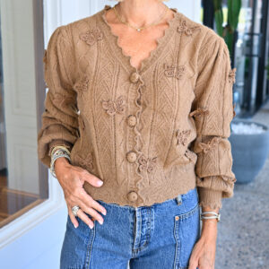 FARM RIO Richilieu 3D Butterflies Artisanal Knit Cardigan in Sand