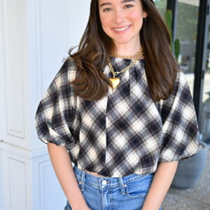 Geometric Pattern Puff Sleeve Top in Black