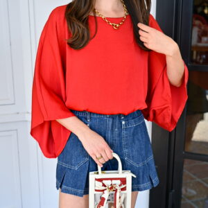KLD Washed Satin Bubble Hem Blouse in Red